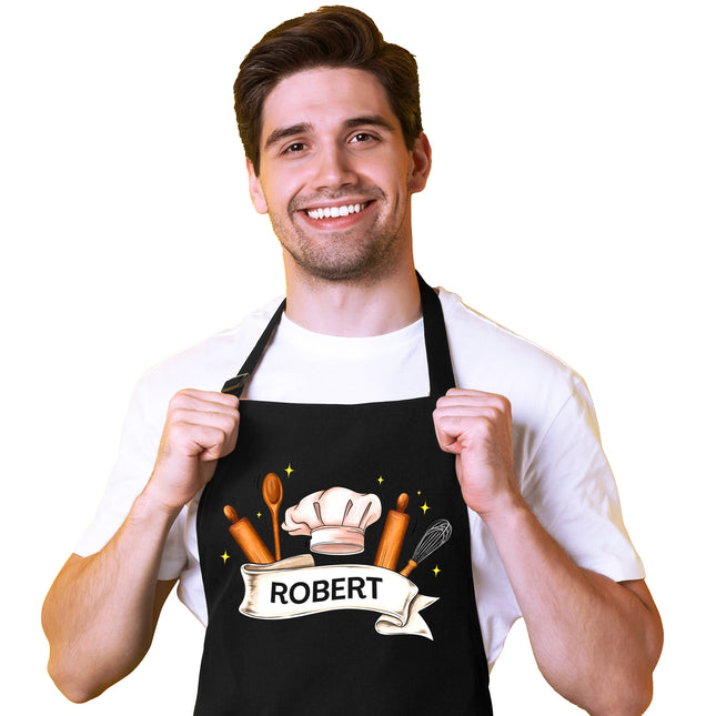 Personalized Unisex Black Baking Apron with Custom Name