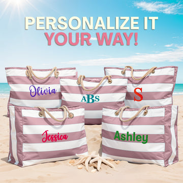 Embroidered Beach Bag for Women - Personalized Large Beach Tote Bag, Customized Waterproof Sandproof Beach Bag with Zipper, Large Swim Pool Beach Tote, Yoga Bag - Personalized Gift for Women - Pink