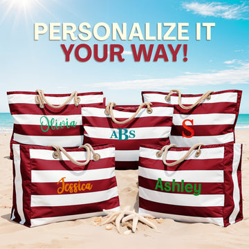 Embroidered Beach Bag for Women - Personalized Large Beach Tote Bag, Customized Waterproof Sandproof Beach Bag with Zipper, Large Swim Pool Beach Tote, Yoga Bag - Personalized Gift for Women - Red