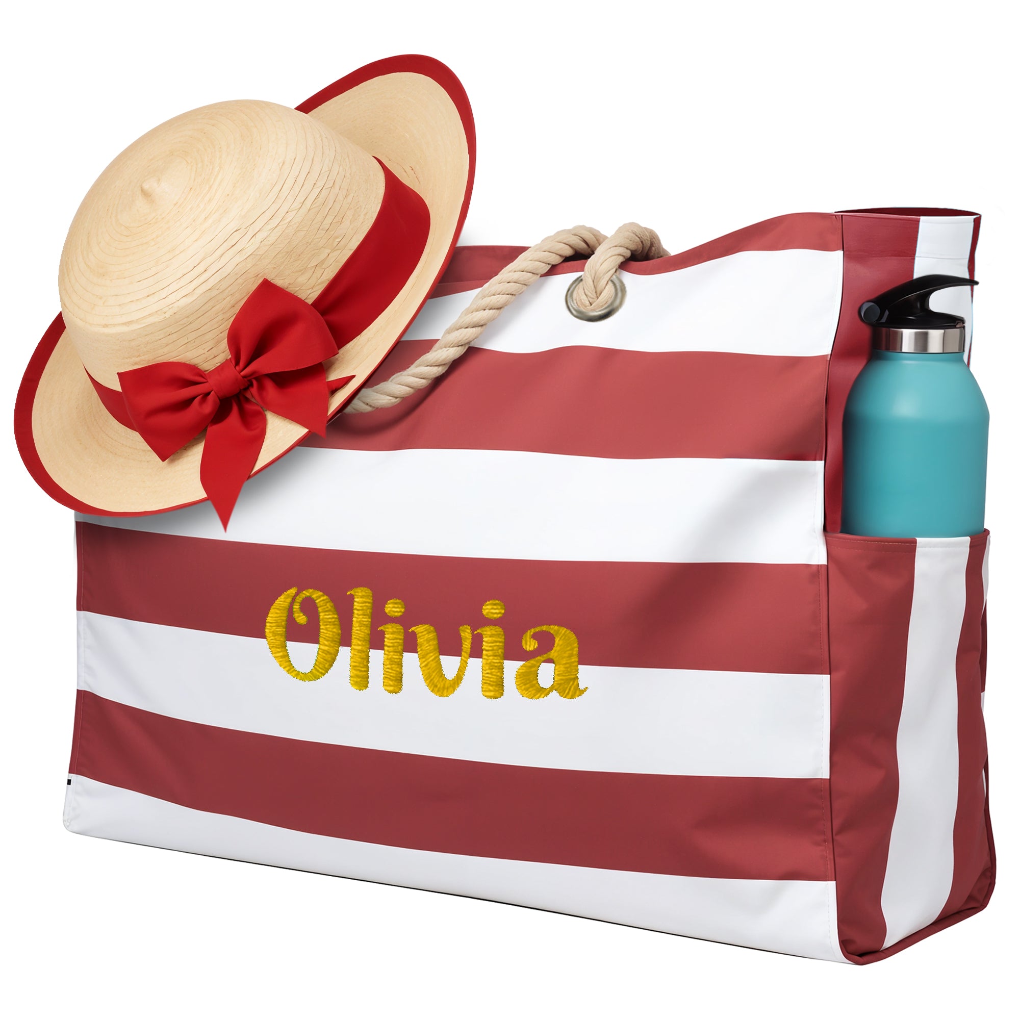 Embroidered Beach Bag for Women - Personalized Large Beach Tote Bag, Customized Waterproof Sandproof Beach Bag with Zipper, Large Swim Pool Beach Tote, Yoga Bag - Personalized Gift for Women - Red