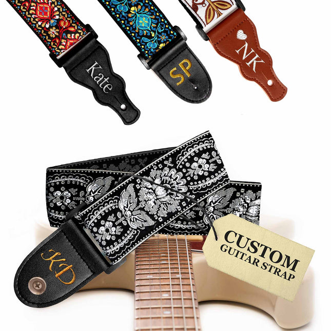 Custom Black Silver Woven Vintage Design Guitar Strap W/FREE BONUS- 2 Picks + Strap Locks + Strap Button