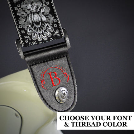 Custom Black Silver Woven Vintage Design Guitar Strap W/FREE BONUS- 2 Picks + Strap Locks + Strap Button