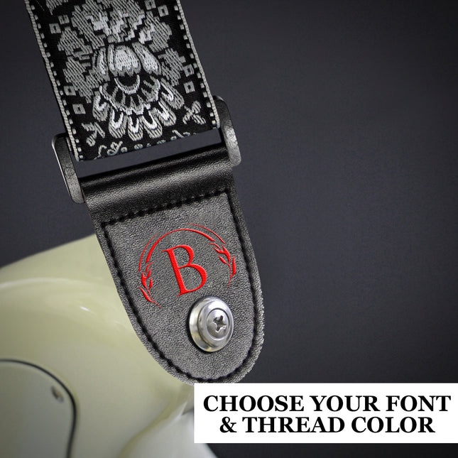 Custom Black Silver Woven Vintage Design Guitar Strap W/FREE BONUS- 2 Picks + Strap Locks + Strap Button