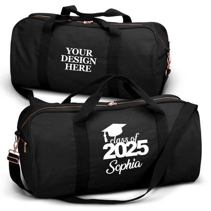 Black duffel bag with customizable text on a white background

