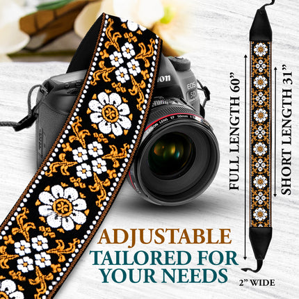 Personalized Embroidered Brown White Flower Camera Strap - Camera Strap for SLR/ DSLR