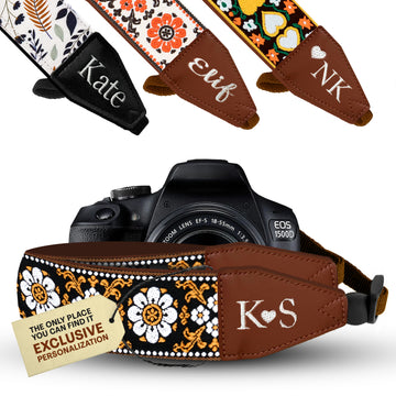 Personalized Embroidered Brown White Flower Camera Strap - Camera Strap for SLR/ DSLR