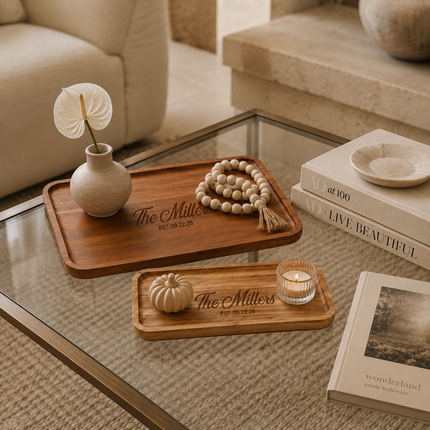 Personalized Acacia Wood Serving Tray Set of 2 with Engraved Name