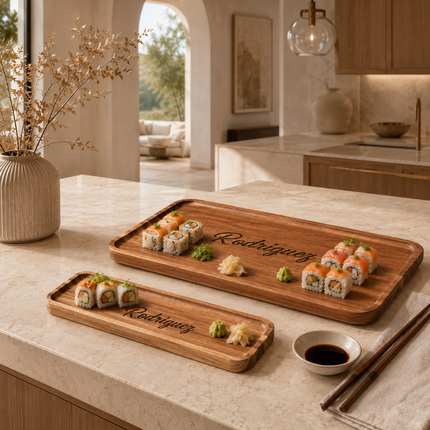 Personalized Acacia Wood Serving Tray Set of 2 with Engraved Name