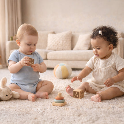 Two toddlers playing with wooden blocks on a carpeted floor in a living room.