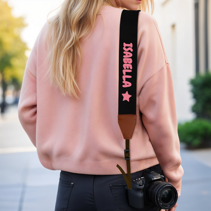 Custom Camera Strap, Embroidered Name Camera Strap - Black