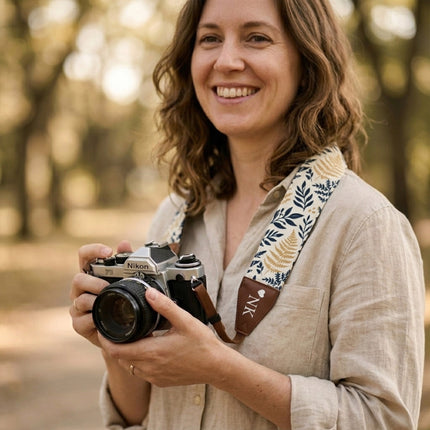 Personalized Embroidered  Camera Strap - Camera Strap for SLR/ DSLR, Brown White Flower, Multi Color, Orange White Flower