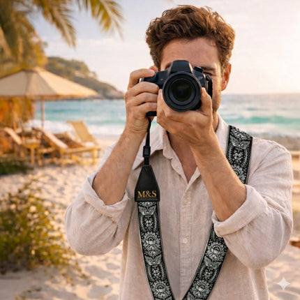 Personalized Embroidered Woven Camera Strap White, Silver, Yellow Spring