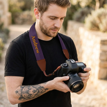 Custom Camera Strap, Embroidered Name Camera Strap - Royal Blue, Purple, Green