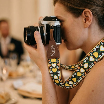 Personalized Embroidered  Camera Strap - Camera Strap for SLR/ DSLR, Brown White Flower, Multi Color, Orange White Flower