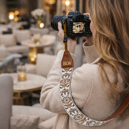 Personalized Embroidered Woven Camera Strap White, Silver, Yellow Spring