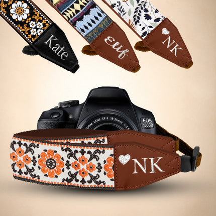 Personalized Embroidered  Camera Strap - Camera Strap for SLR/ DSLR, Brown White Flower, Multi Color, Orange White Flower