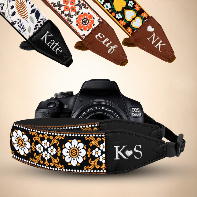 Personalized Embroidered  Camera Strap - Camera Strap for SLR/ DSLR, Brown White Flower, Multi Color, Orange White Flower