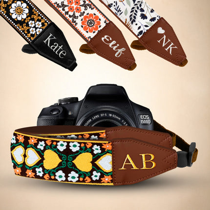 Personalized Embroidered  Camera Strap - Camera Strap for SLR/ DSLR, Brown White Flower, Multi Color, Orange White Flower