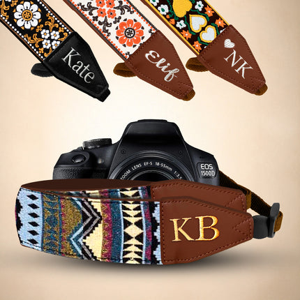 Personalized Embroidered  Camera Strap - Camera Strap for SLR/ DSLR, Brown White Flower, Multi Color, Orange White Flower