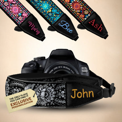 Personalized Embroidered Woven Camera Strap White, Silver, Yellow Spring