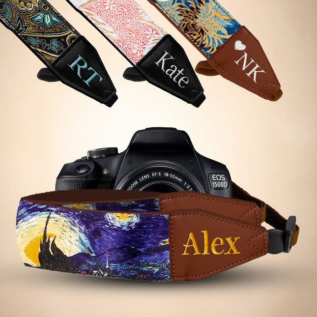 Personalized Embroidered Camera Strap - Camera Strap for SLR/ DSLR, Starry Night, Black Japanese,  Blue Japanese, Tropical Sky