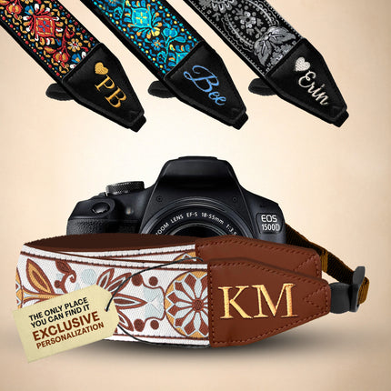 Personalized Embroidered Woven Camera Strap White, Silver, Yellow Spring