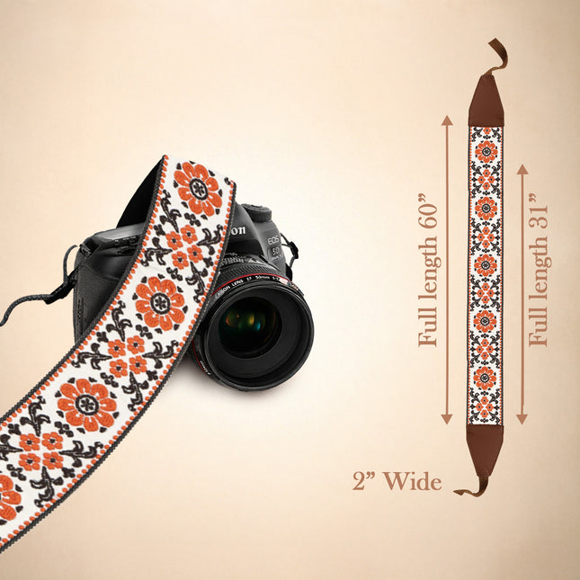 Personalized Embroidered  Camera Strap - Camera Strap for SLR/ DSLR, Brown White Flower, Multi Color, Orange White Flower