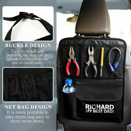 Car seat organizer with tools and a bottle

