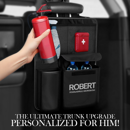 Car seat organizer with tools and a bottle personalized

