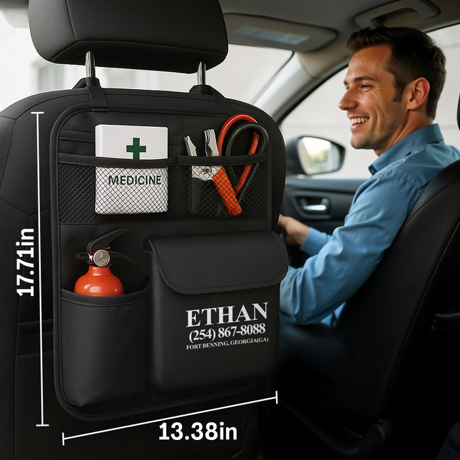Car organizer with compartments and a man sitting in the car, with dimensions displayed.