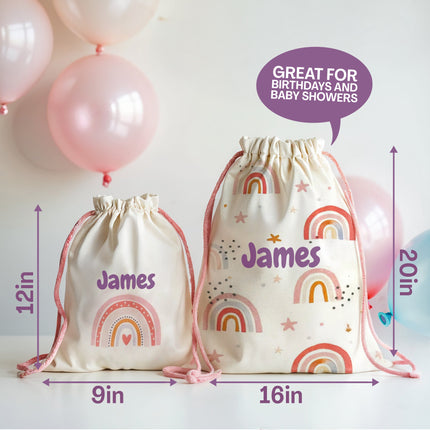 Drawstring bags with rainbow patterns and names, surrounded by balloons, with text indicating use for birthdays and baby showers.