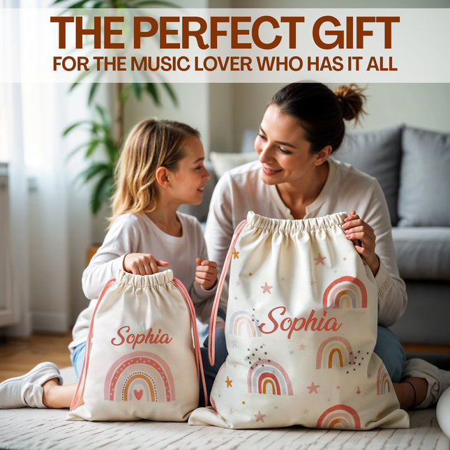 Two people holding personalized bags with 'Sophia' on them, sitting on a floor.