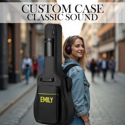 Woman holding a black guitar case with 'EMILY' on it, standing on a street.