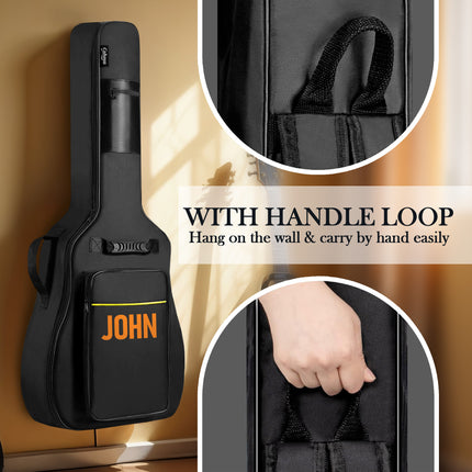 Black guitar case with handle loop feature, showing 'JOHN' branding.