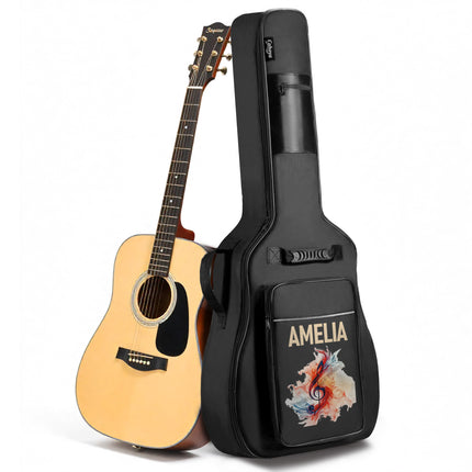 Acoustic guitar with a black case labeled 'Amelia' on a white background