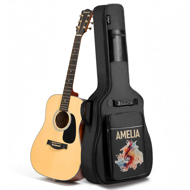 Acoustic guitar with a black case labeled 'Amelia' on a white background