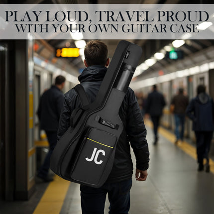 Person walking with a guitar case labeled 'JC' in a subway station, with promotional text above.