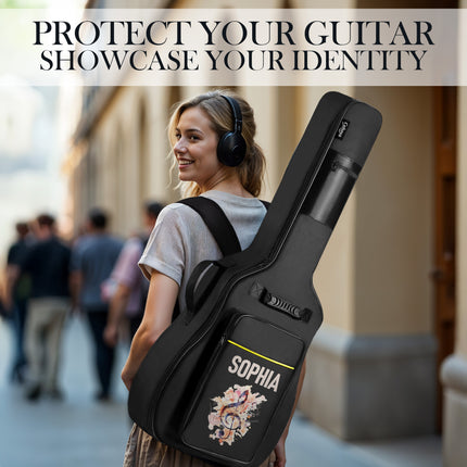 Woman carrying a black guitar case with 'SOPHIA' branding, walking outdoors.