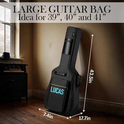 Large guitar bag with dimensions labeled, featuring the brand 'Lucas', against a room background.