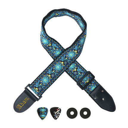 Custom Blue Woven Vintage Design Guitar Strap W/FREE BONUS- 2 Picks + Strap Locks + Strap Button