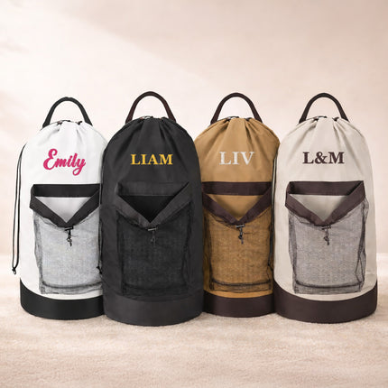 Four drawstring bags with personalized names on a neutral background