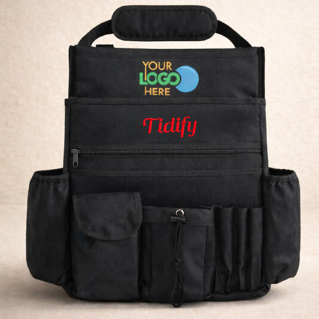 Black bag with 'Tidify' branding and space for custom logos on a beige background