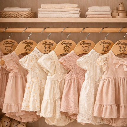 Row of baby dresses on wooden hangers with 'Halley' branding in a nursery setting.
