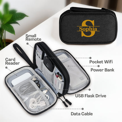 Black travel case with labeled compartments on a white surface