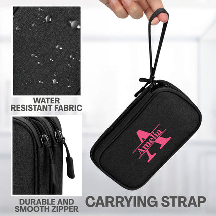 Black carrying case with pink logo, water-resistant fabric, durable zipper, and carrying strap.