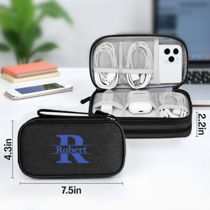 Black carrying case with 'Robert' branding, containing electronic accessories on a desk.