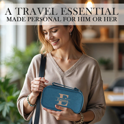 Woman holding a blue travel essential bag with 'Emma' on it, in a home setting.