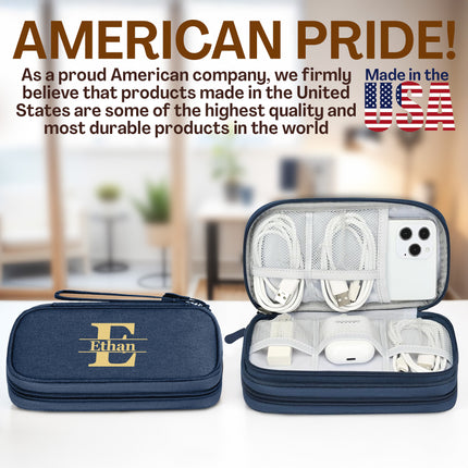 Navy blue carrying case with white electronic devices, branded 'Ethan', on a blurred indoor background with 'American Pride' text.