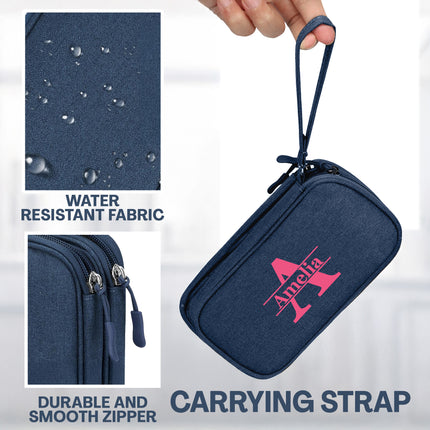 Navy blue carrying case with 'Alicia' branding, water-resistant fabric, and durable zipper on a white background.