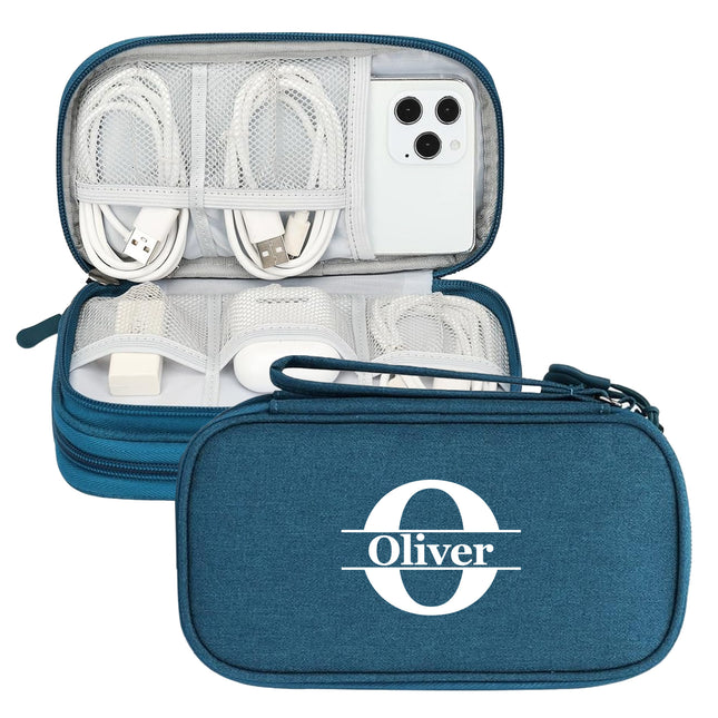 Blue travel case with 'Oliver' branding containing electronic accessories on a white background
